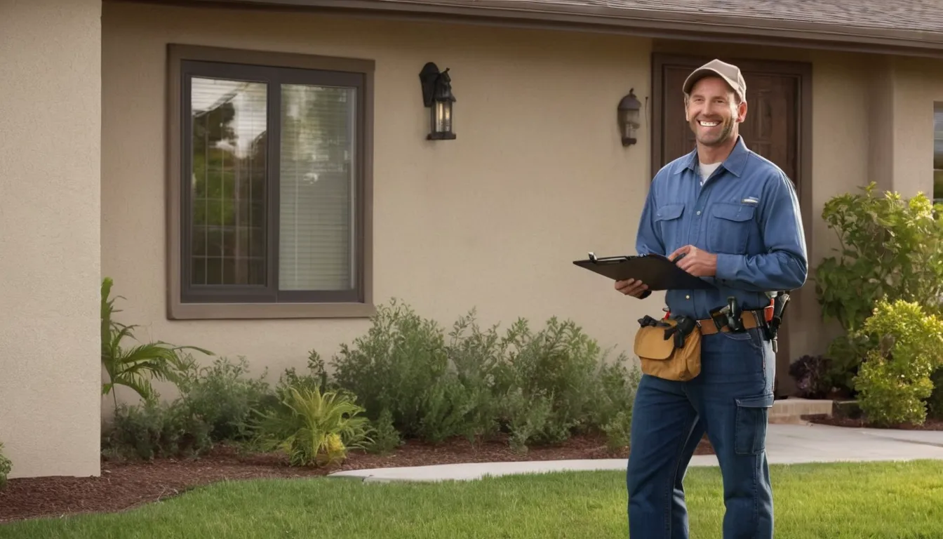 A friendly provider showing a homeowner a termite inspection report outside a stucco ranch home in Fremont